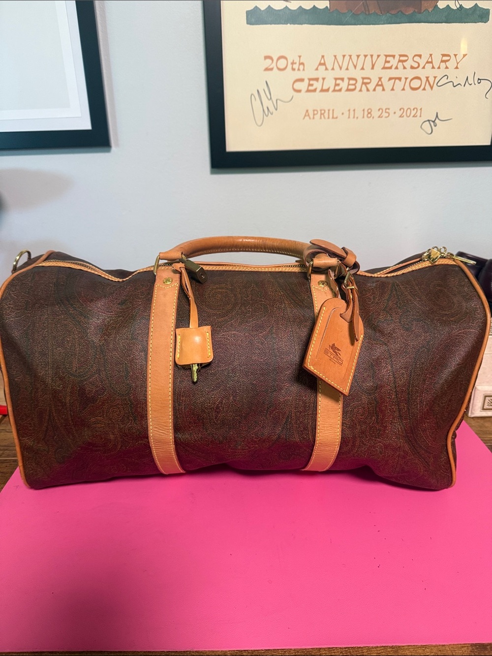 Etro Brown Paisley Duffel with Tan Leather Trim